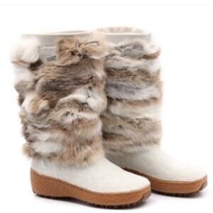 Oscar Sport Norma Rabbit Fur Boots EU 37 / US 6.5 Wedge Wool Lining Winter Apres